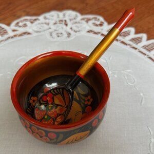 Antique Hand Painted Luxe Wooden Bowl with Spoon New